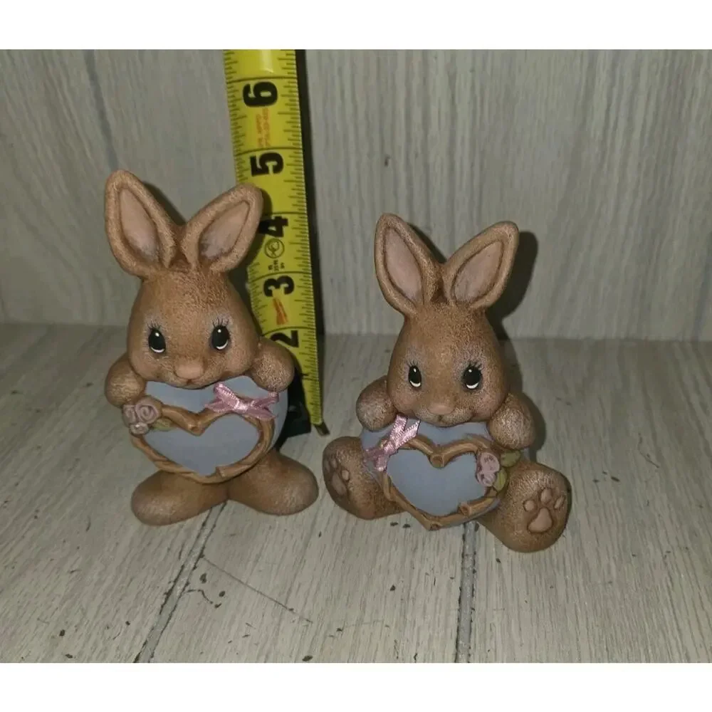 Vtg Brown Easter Bunnies Holding Pink Hearts Bows Cottagecore Heritage Kitsch